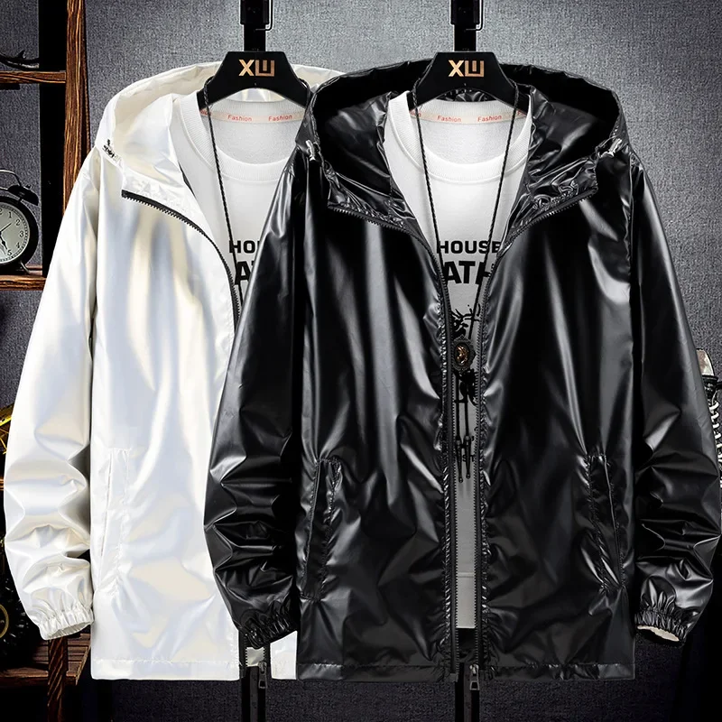 Men Shiny Jacket Shiny Silver Bright Hooded Zipper Bomber Jacket Autumn Thin Harajuku Windbreaker Waterproof Coats Z397