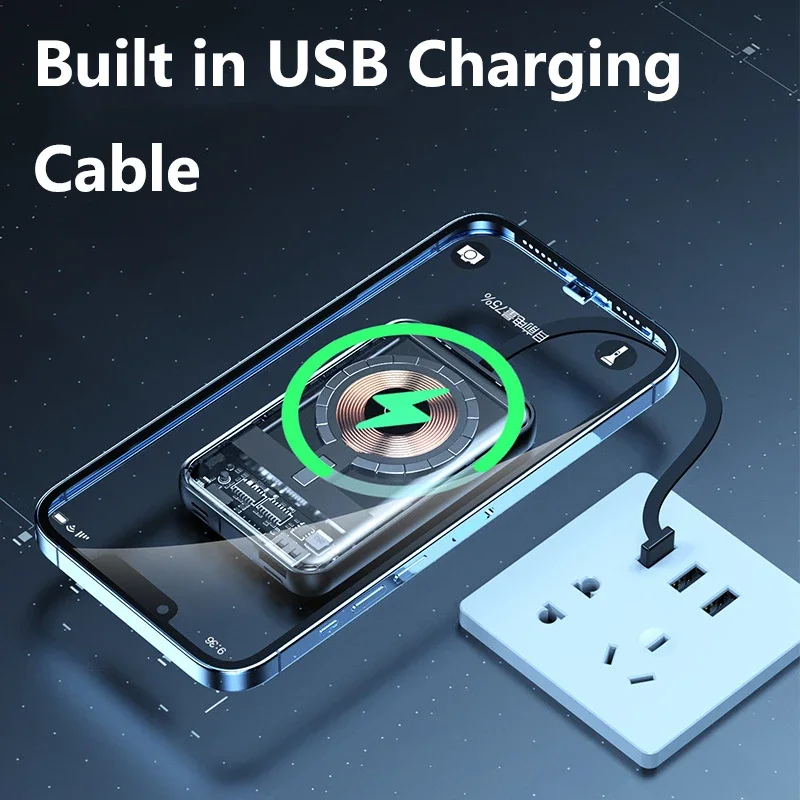 Прозрачный аккумулятор Magsafe Power Bank емкостью 20000 мАч со встроенным кабелем, магнитное беспроводное быстрое зарядное устройство для iPhone, Samsung, Huawei, Xiaomi Powerbank