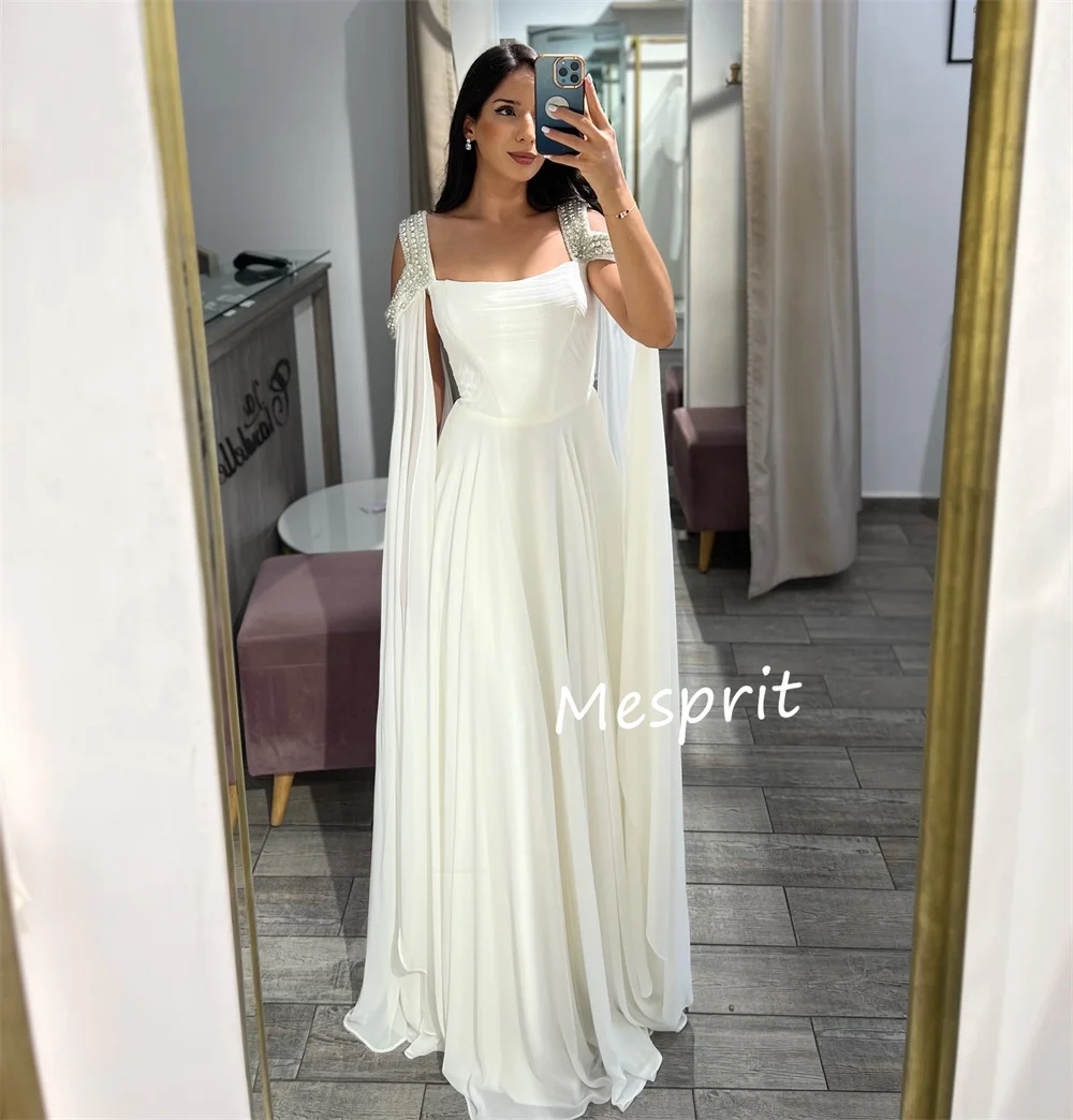 Customized Exquisite Chiffon Pearl Pleat A-line Square Neck Long Dresses Bespoke Occasion Dresses Modern Style