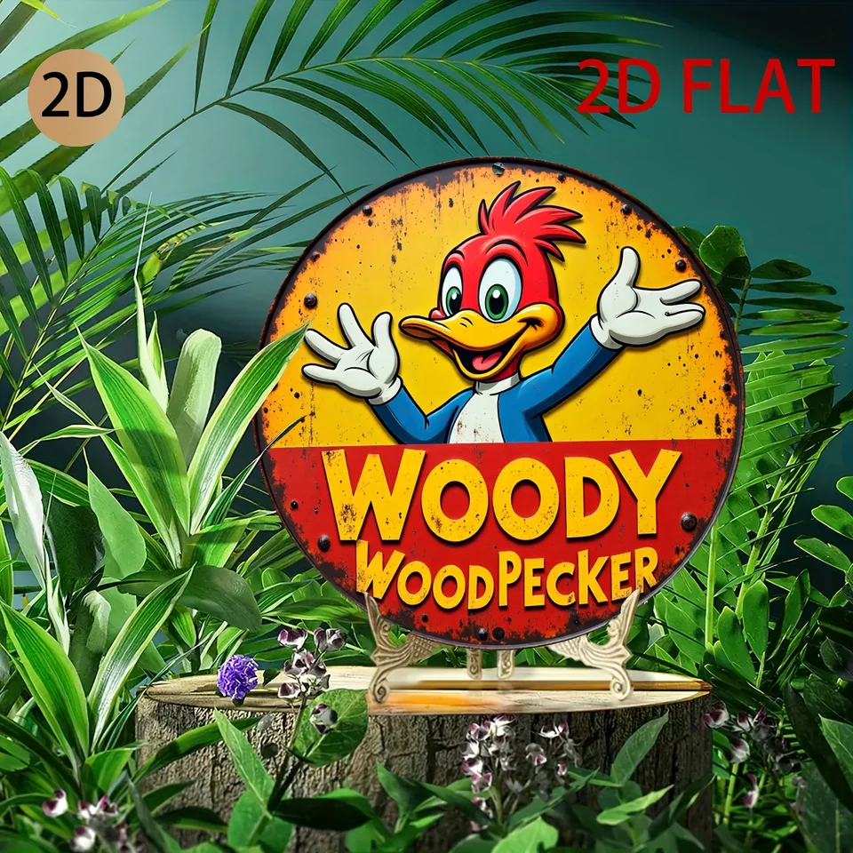 Vintage Woody Woodpecker Metal Wall Art - Rustic Circular Tin Sign