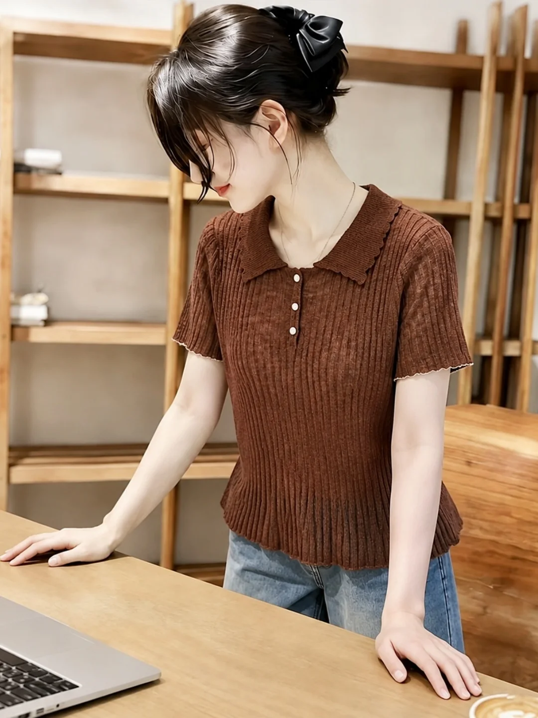 

Summer 2026 Women's Neck Knitwear Short Sleeve Fashionable Sun Protection Top Straight Cut Commute Style Regular Fit