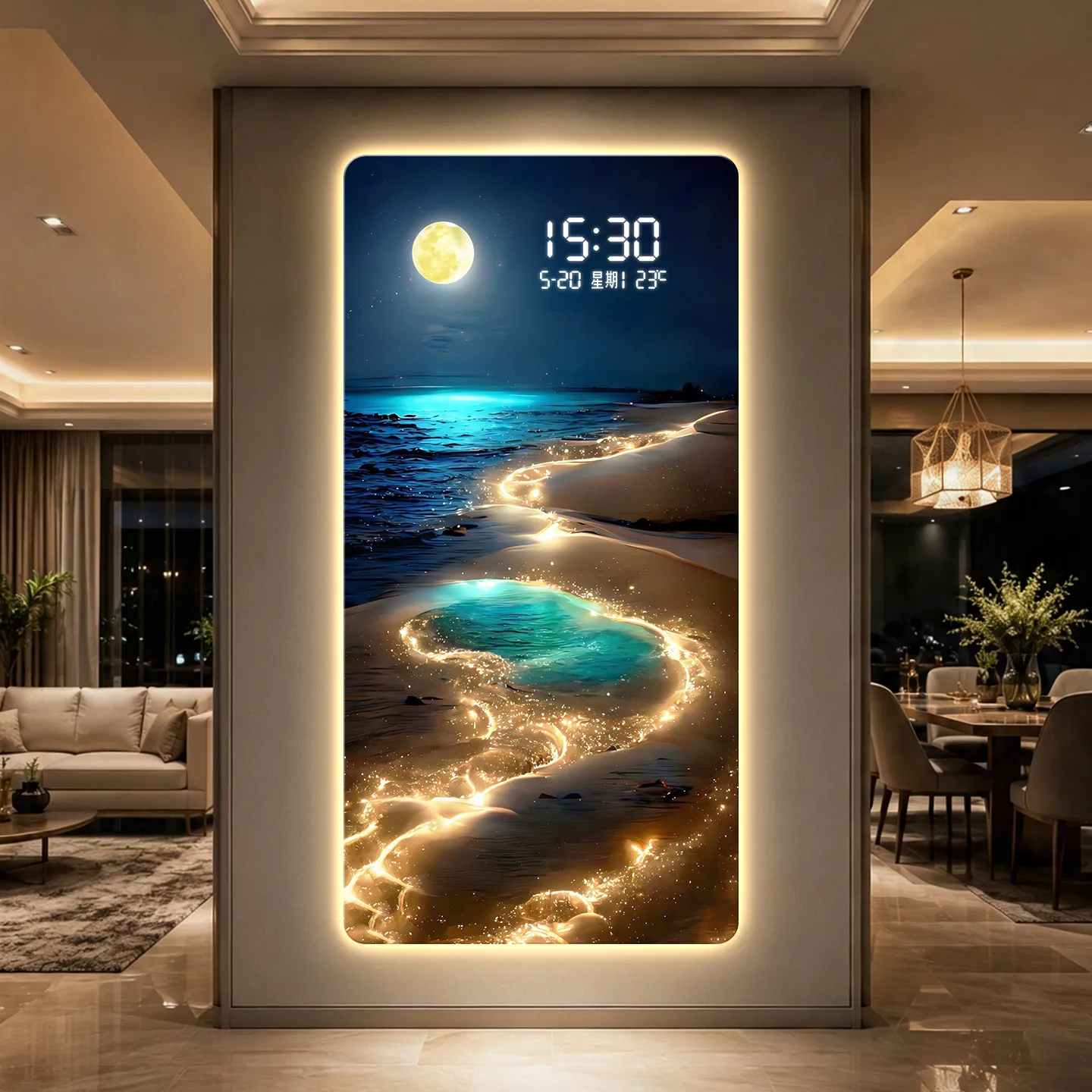 Ocean night view entrance decoration painting, electronic clock, modern light luxury wave mural, luminous atmosphere light