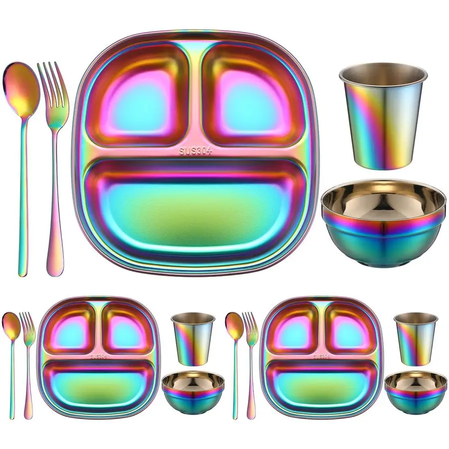 

15 Pcs Stainless Steel Kids Dinner Set, Bowls, Balanced Bites Divided Plates, Cups, Spoons and Forks, Stainless Steel Lunch Plat