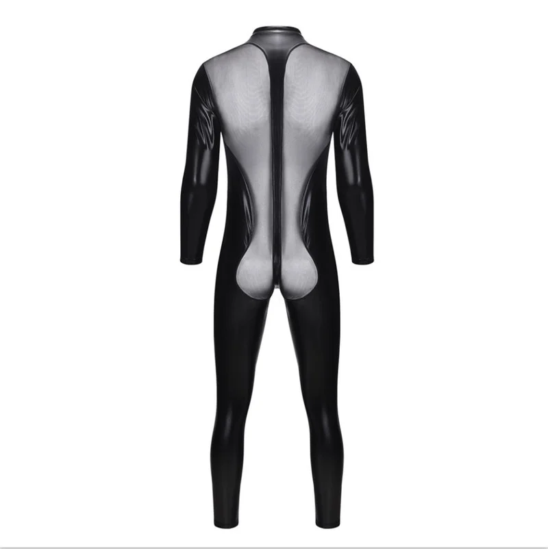 Mens Bodysuit Patent Leather Catsuit Faux Leather Jumpsuit Stage Costume Zipper Leotard Wrestling Singlet Long Trousers Clubwear