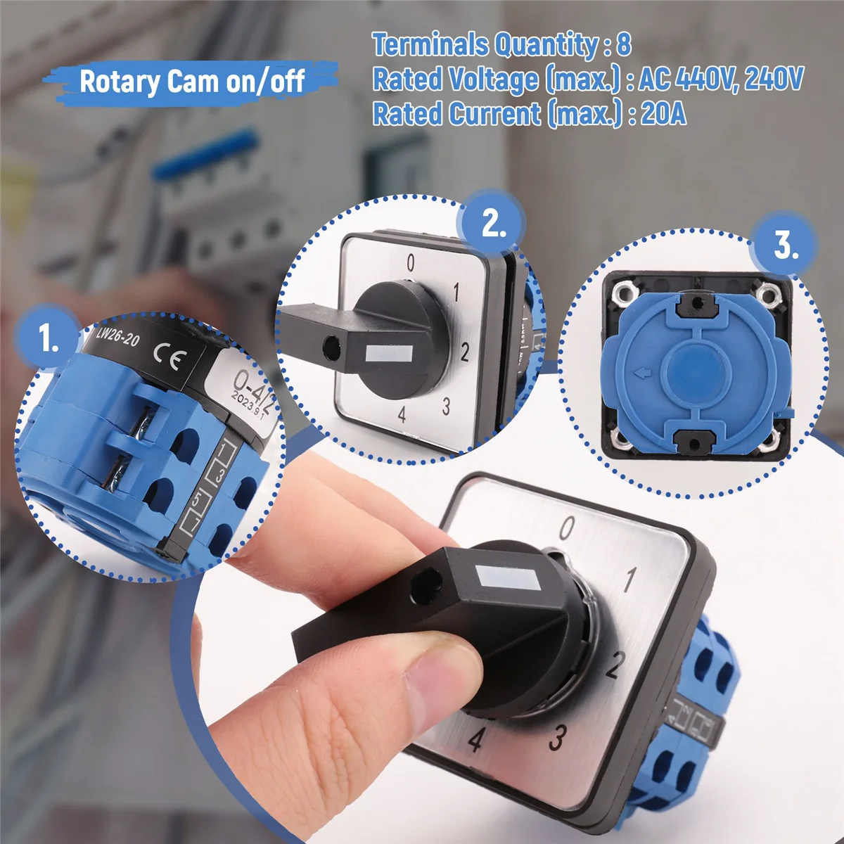 8 Terminals 5 Positions Master Control Rotary Cam Switch 20A Black+Blue