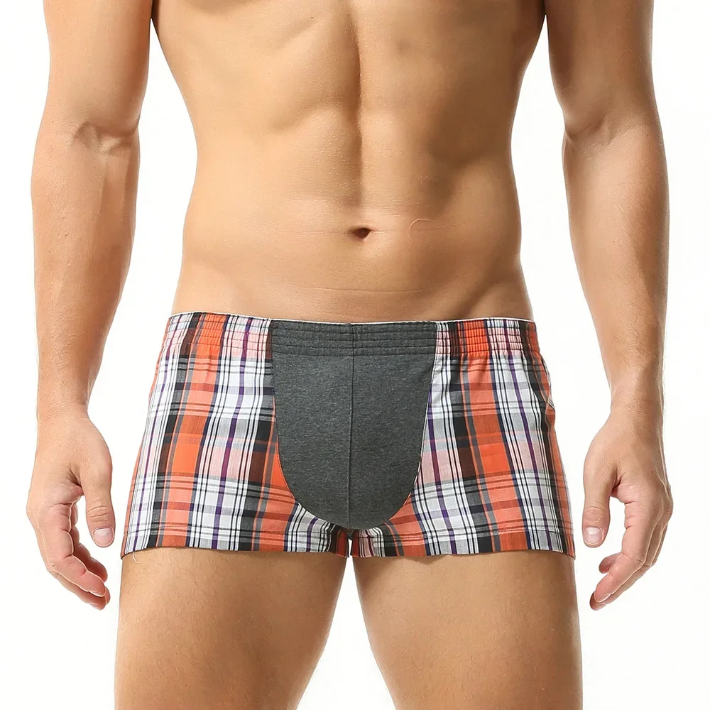 Check Plaid Color Splicing Men Aro Shorts Soft Loose‑fit Male Lounge Sleep Underpants For Home Daily Wear