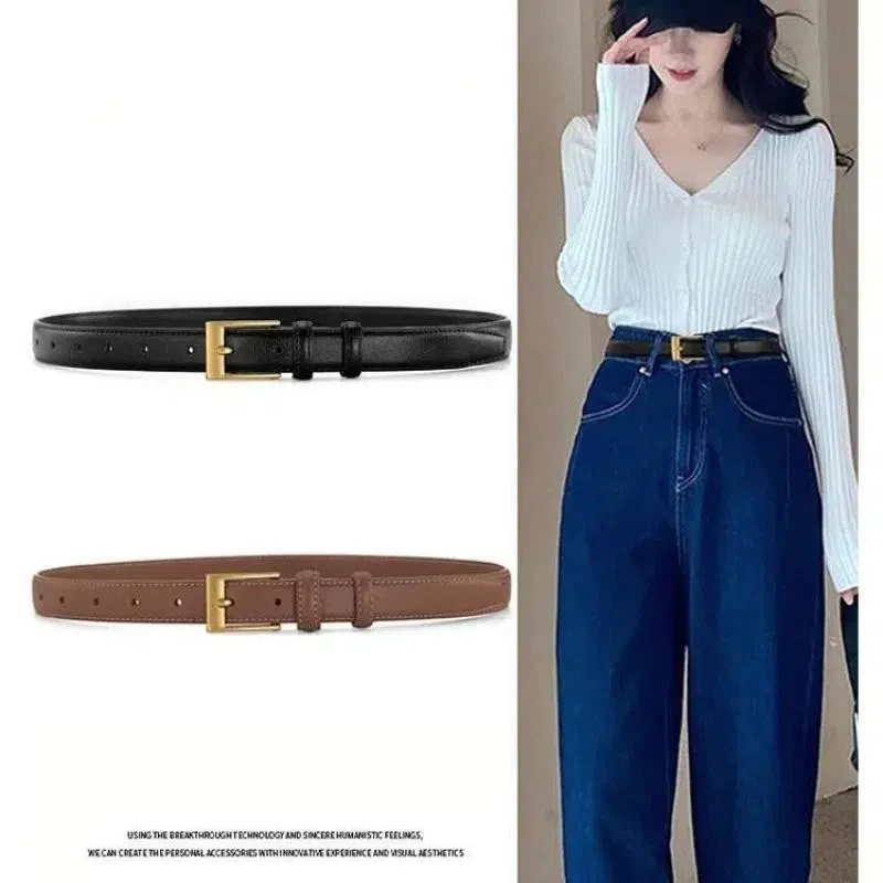 Leather Goods Women's Belt Alloy Metal Pin Buckle Leather Matching Jeans Suit Black Brown Thin Waist Belt