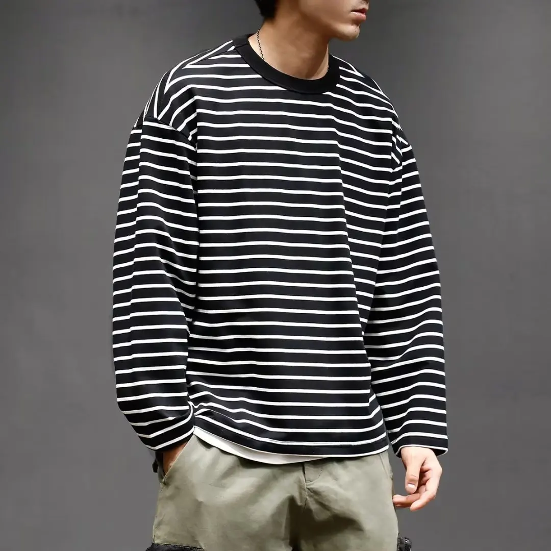 Black and White Stripe Sweatshirts for Men Round Neck Loose Long Sleeves Men Clothing Spring and Autumn Sweatshirts