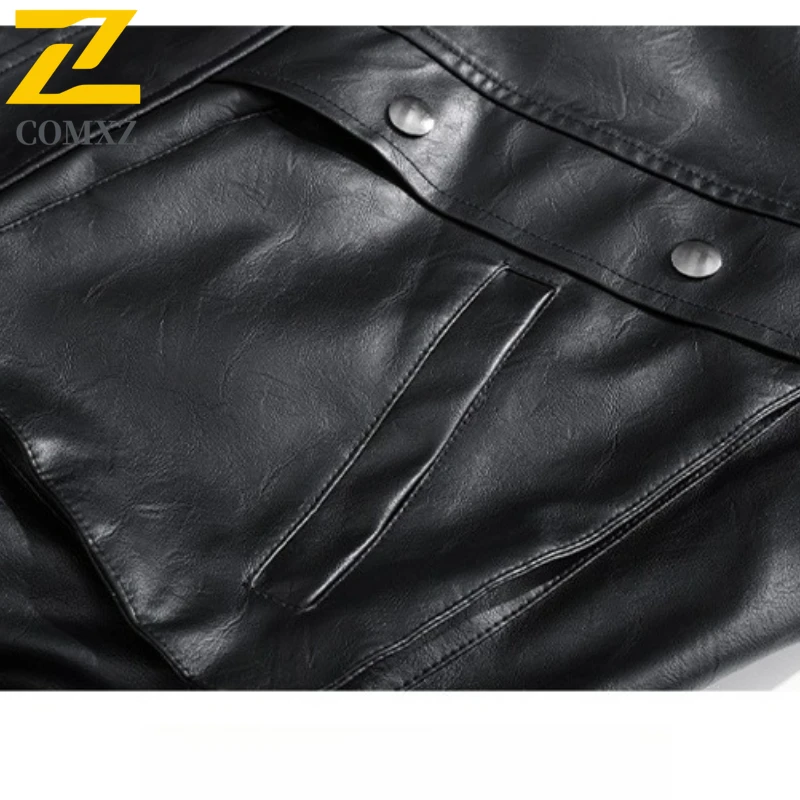 COMXZ Mens Leather Jacket Outdoor Adventure Windproof Leather Coats Fashion Stand Collar Loose Durable Autumn Winter New Coat​