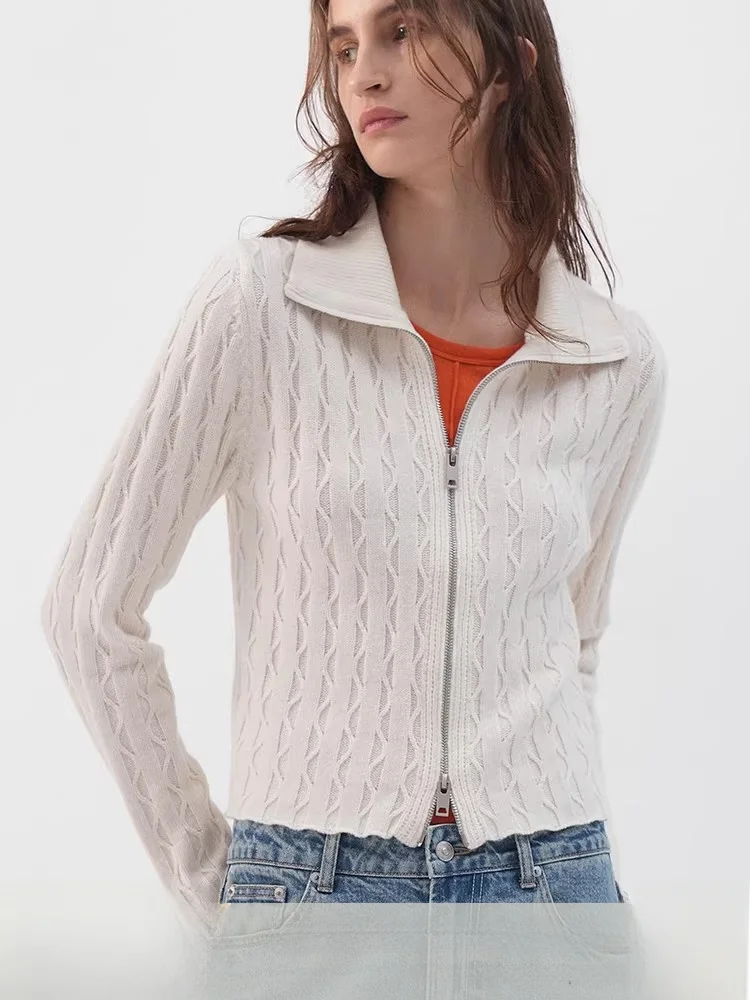 

Planites Milk White Knitted Woolen Zipper Cardigan Twist Flower Design Women's Faion Spring Autumn Season Slim Fit Sle