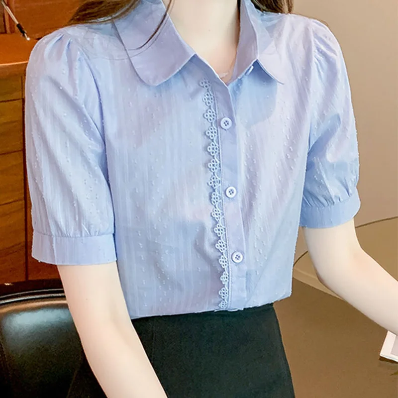 2024 New Summer Office Lady Loose Casual Retro Korean Style Women\'s Shirt 100%cotton Lace Splicing V Neck Short Sleeve Chic Tops