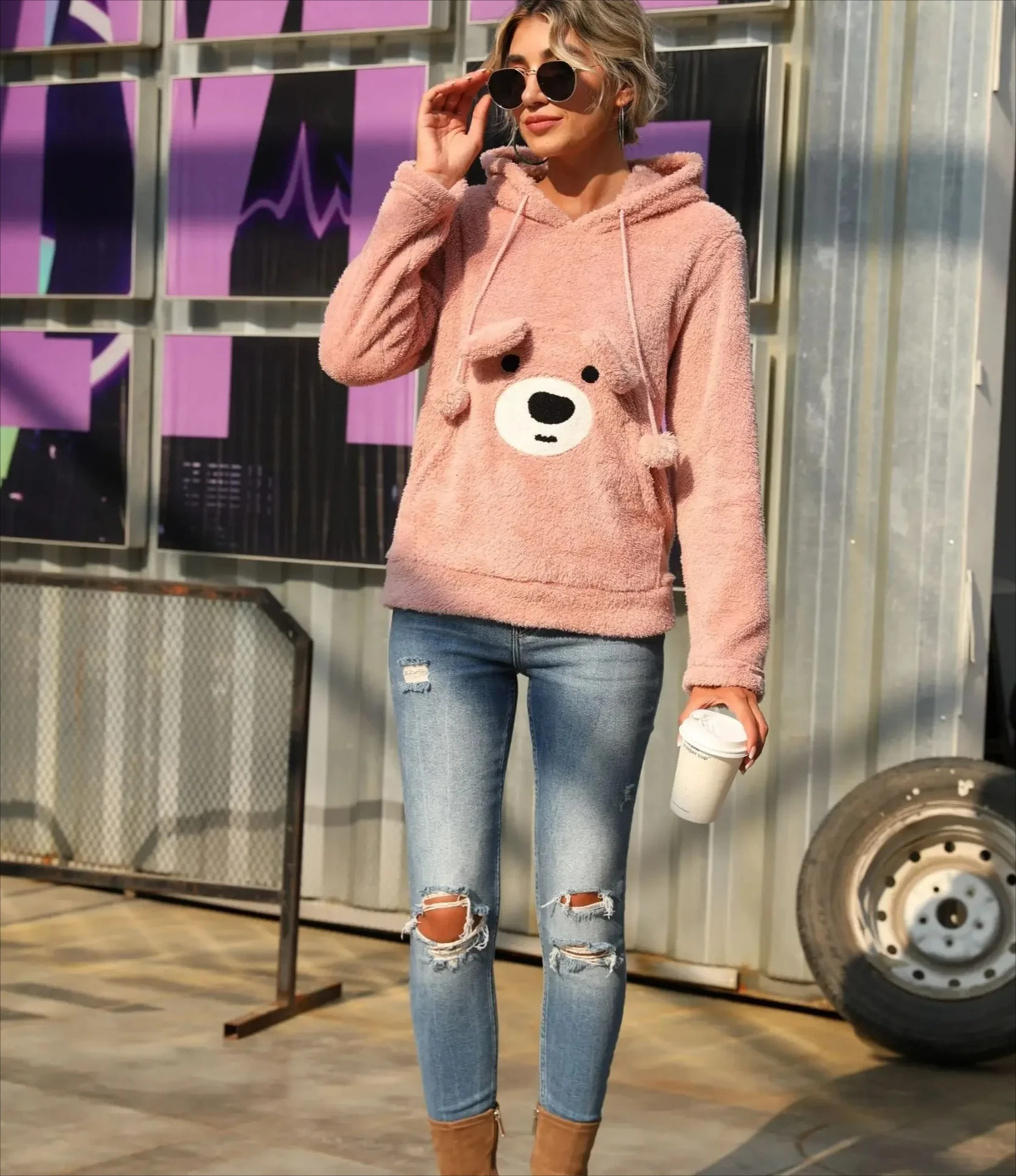 Bonito outono roupas femininas com capuz manga longa pulôver solto ajuste dupla face veludo urso padrão moletom