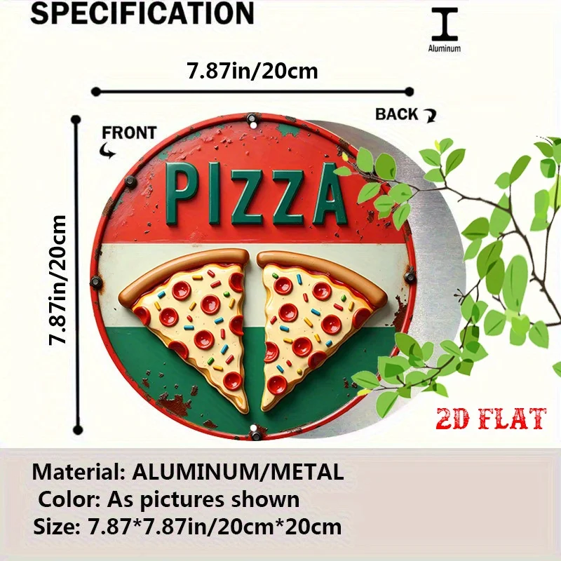 2D Flat - Round Aluminum Sign with a Pizza Theme, Featuring Bold Colors And a Retro Style. This Unique Metal Wall Art Is Perfe