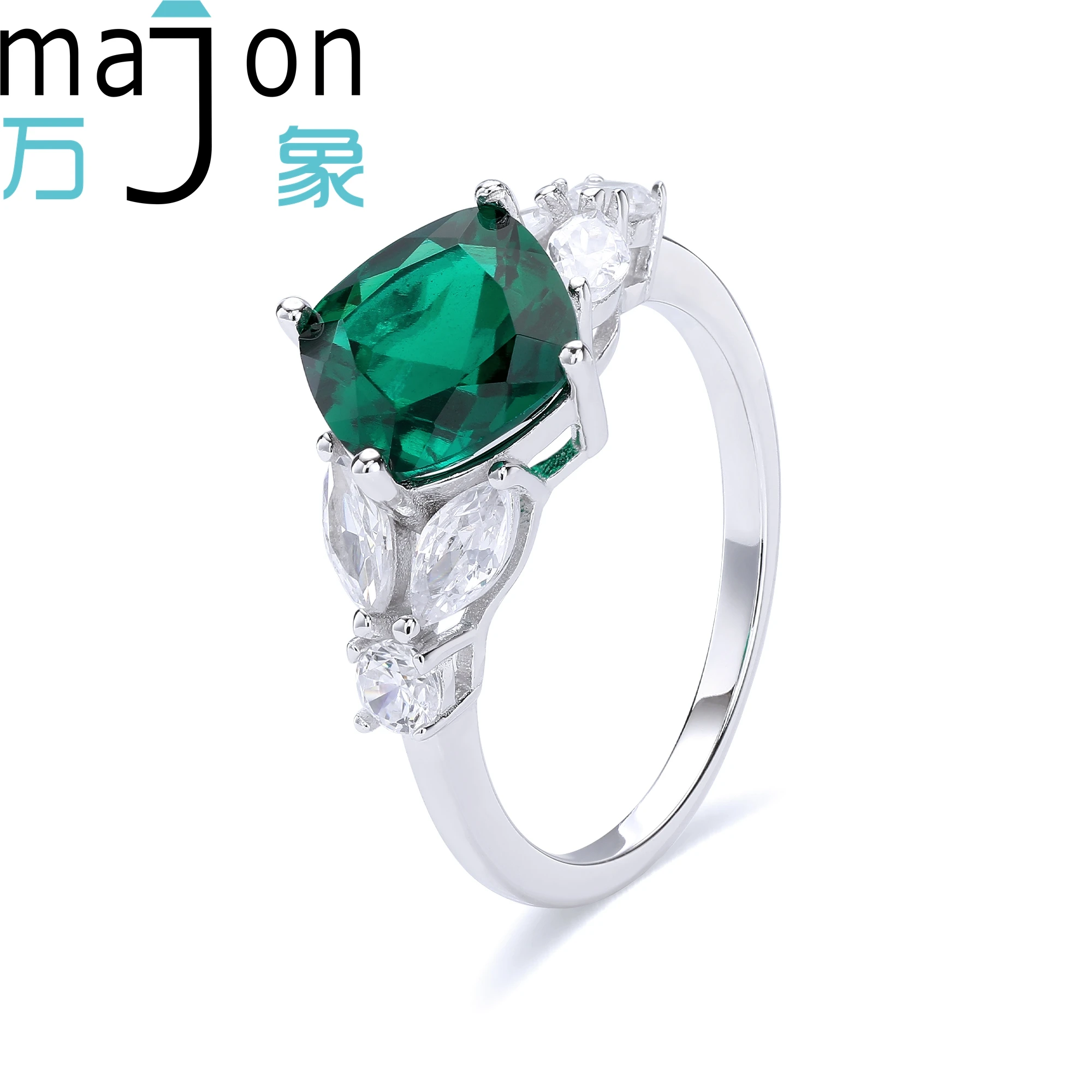 

Sterling Silver 925 Lab Grown Zambia Green Cushion Cut Luxury Rhodium Plated Ring