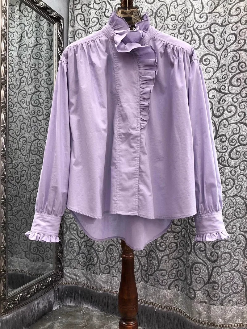 100%Cotton Shirts 2025 Spring Fashion Style Women Ruffle Floral Deco Long Sleeve Sexy Asymmetrical Shirts Lady Purple Blouse