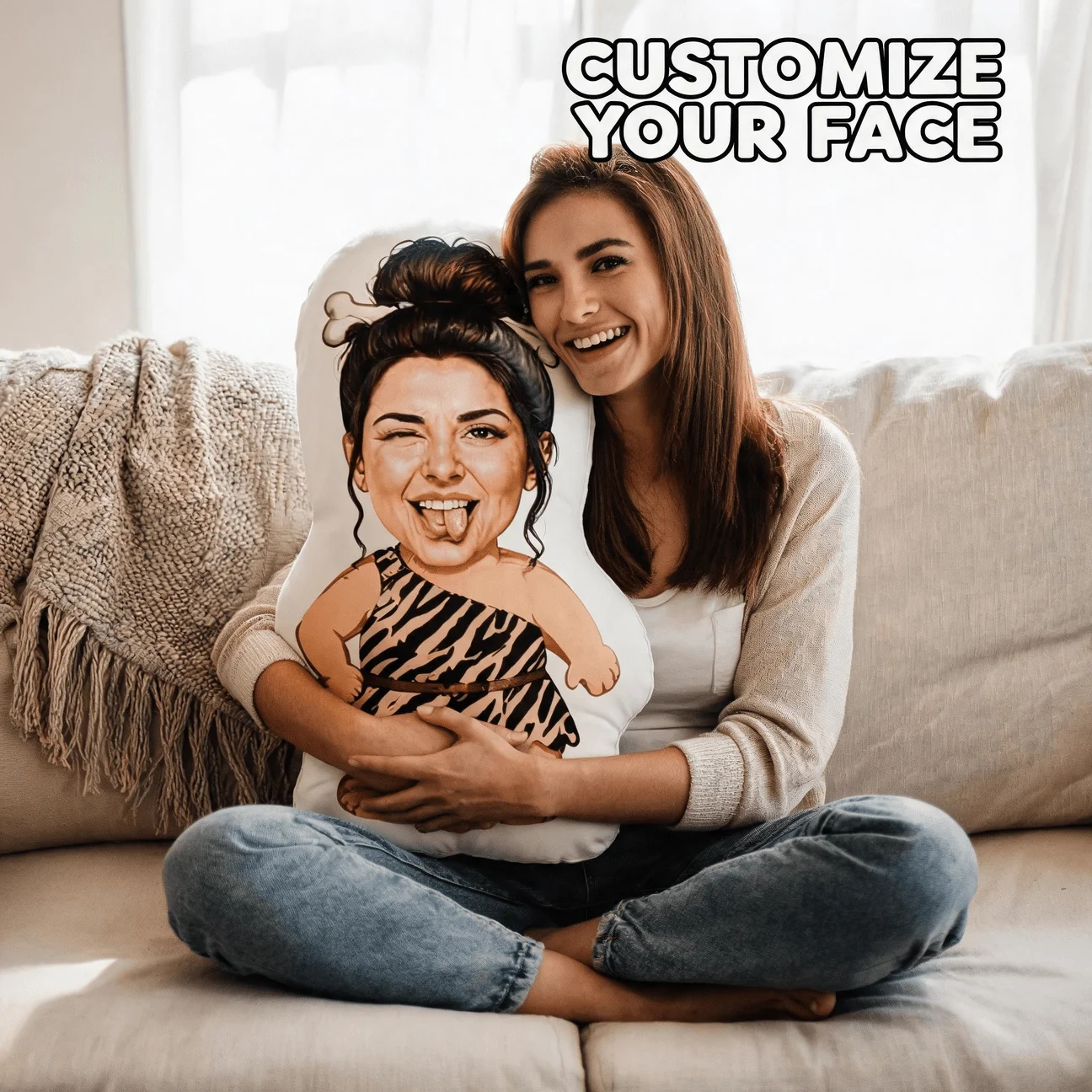 Custom Photo Shaped Pillow, Funny Caveman Style Caricature Decorative Cushion, Personalized Face Throw Pillow for Home Decor Sof
