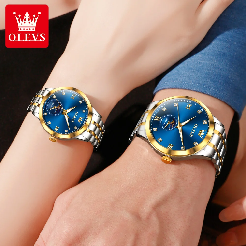 OLEVS 7041 นาฬิกาคู่หรูหรา Original นาฬิกากลไกอัตโนมัติ Diamond Moon Phase ผู้ชายผู้หญิงนาฬิกา Top Lover นาฬิกาของขวัญ