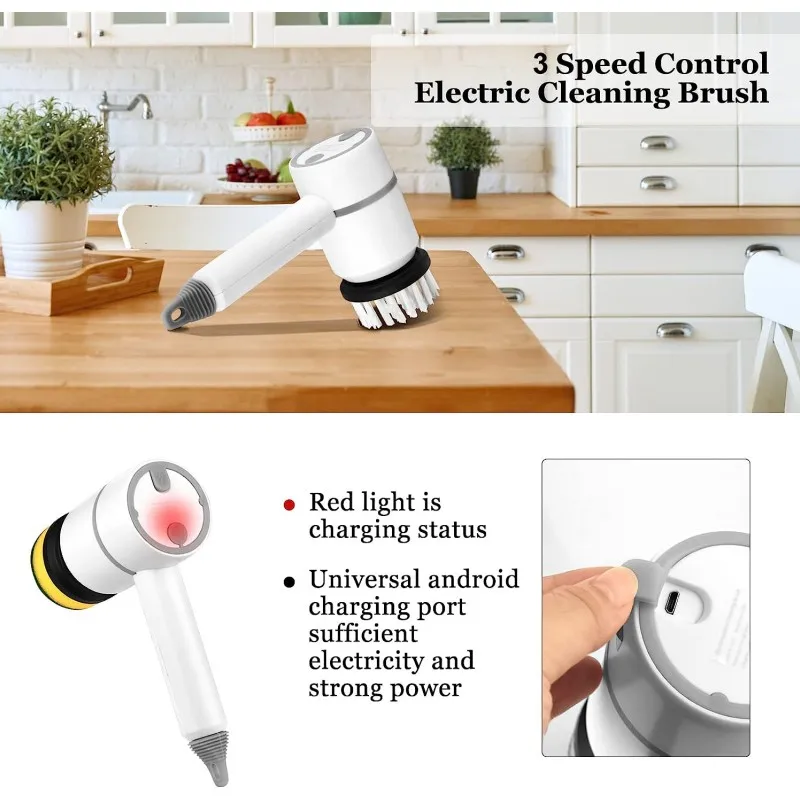 Cepillo de limpieza eléctrico multifuncional, recargable con 6 cabezales reemplazables para baño, cocina, horno, suelo de platos