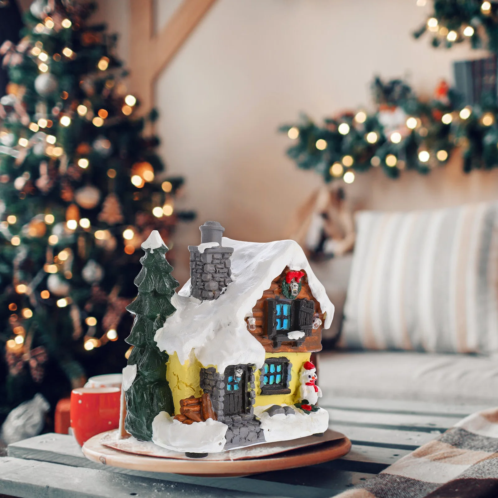 

Small Resin House Ornament Featuring Xmas Chalet Style Perfect for Indoor Decorative Use in Living Room Office Cafe and Holiday