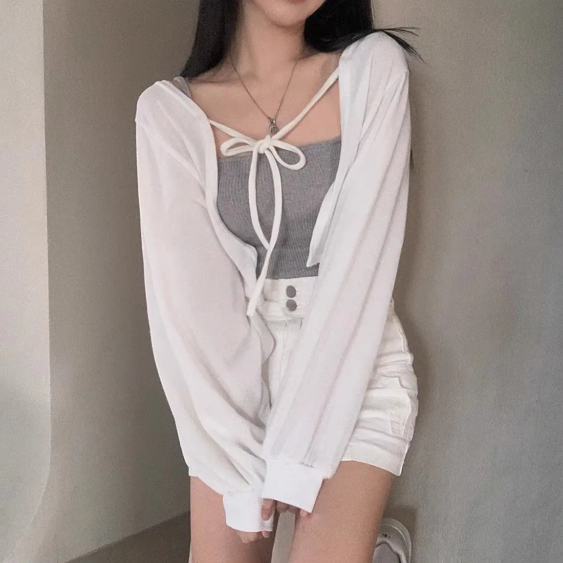 Summer Knitted Cardigan Women Fashion Thin Sunscreen Lace-Up Knitwear Tops Y2k Girls Korean Style Lantern Sleeve Cropped Coat