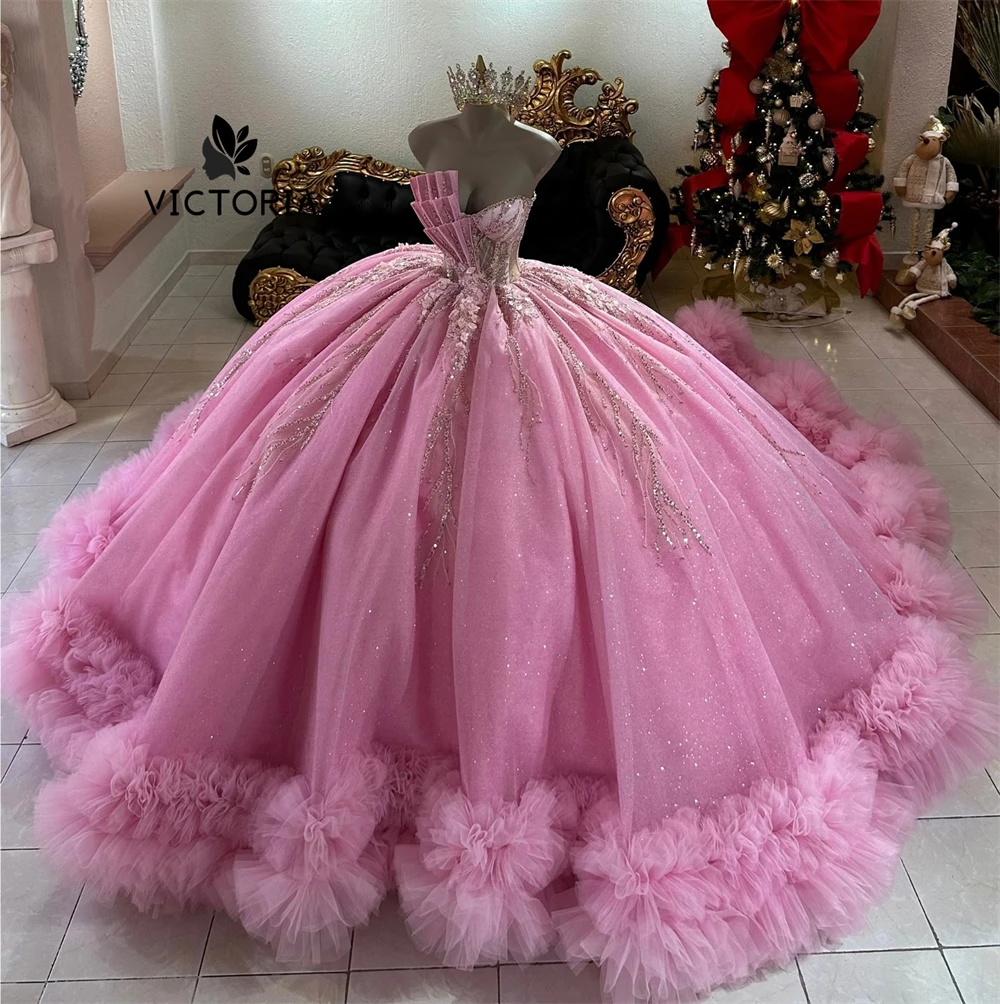 

Pink Sweetheart Beaded Lace Appliques Quinceanera Dresses Tulle Train Lace- up Ball Gown Princess Dress vestidos Customized