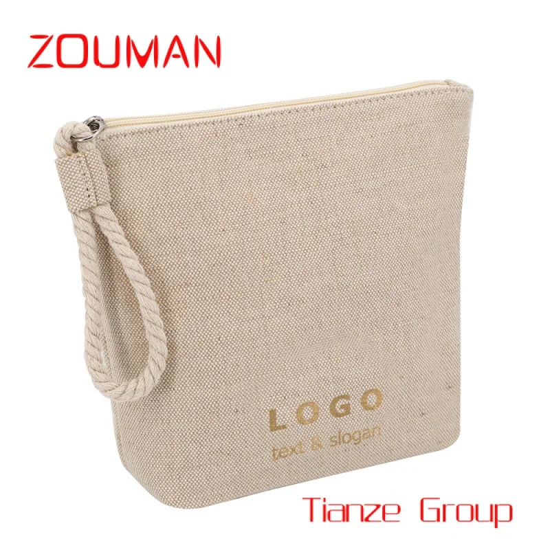 

Custom , Natural Bowl Shape Cotton Jute Canvas Makeup Skin Care Toiletry Bag with Cotton Rope Wrist Strip Logo Custom Profession