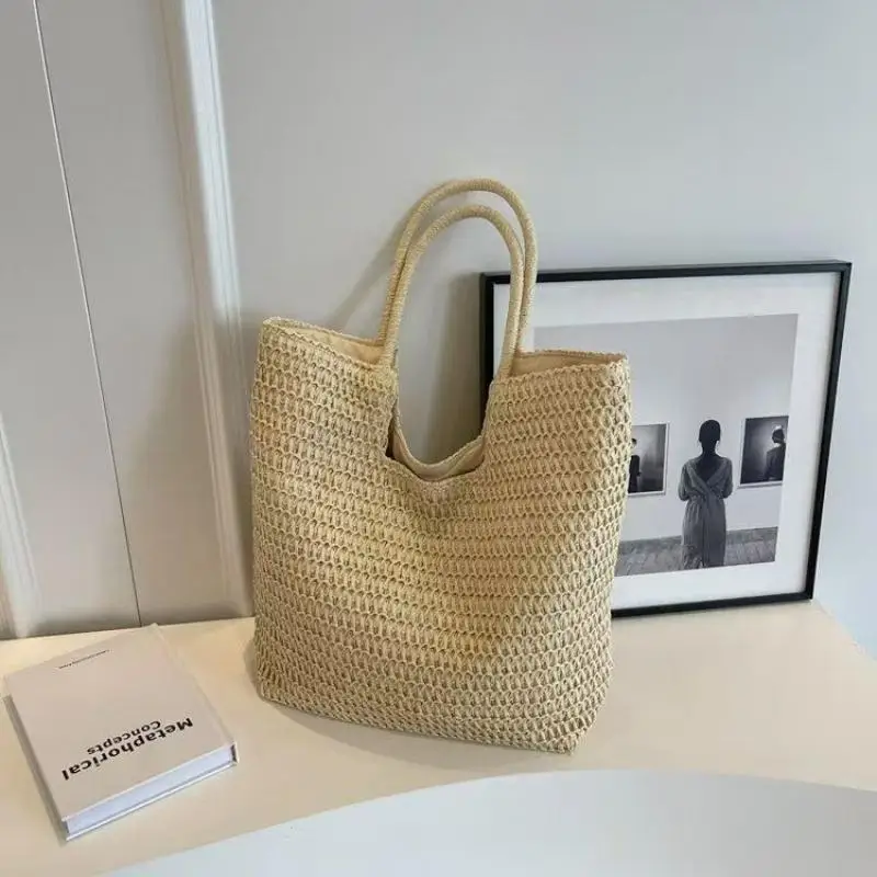 Damen-Tragetasche aus Stroh, gewebt, modisch, schlicht, für den Urlaub, große Kapazität, lässige Schulterhandtasche für den täglichen Gebrauch auf Reisen – Detail 3