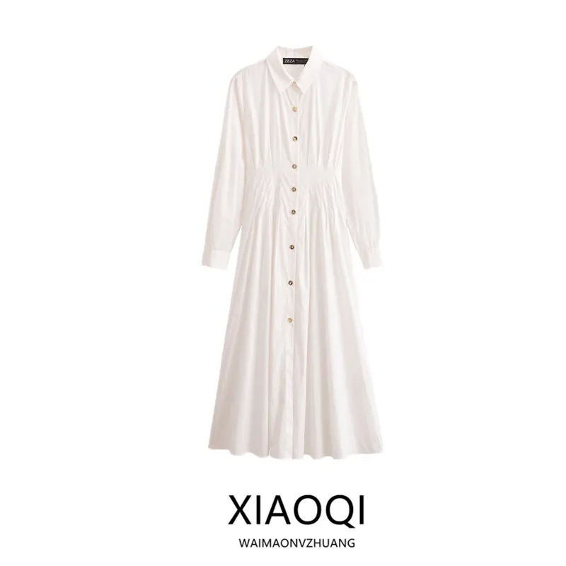2025년 봄 여성 슬림핏 미디 드레스 긴 소매 턴다운 칼라 치파오 스타일 출퇴근 패션 0387053 신상품