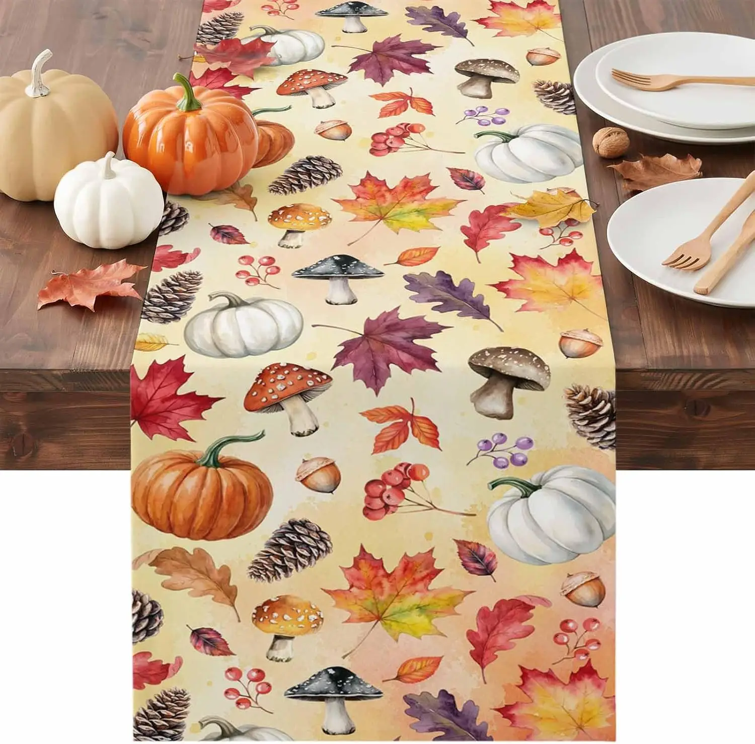 Fall Thanksgiving Pumpkins Maple Leaf Linen Table Runner Home Decor Washable Mushroom Pinecone Berry Table Runners Autumn Decor