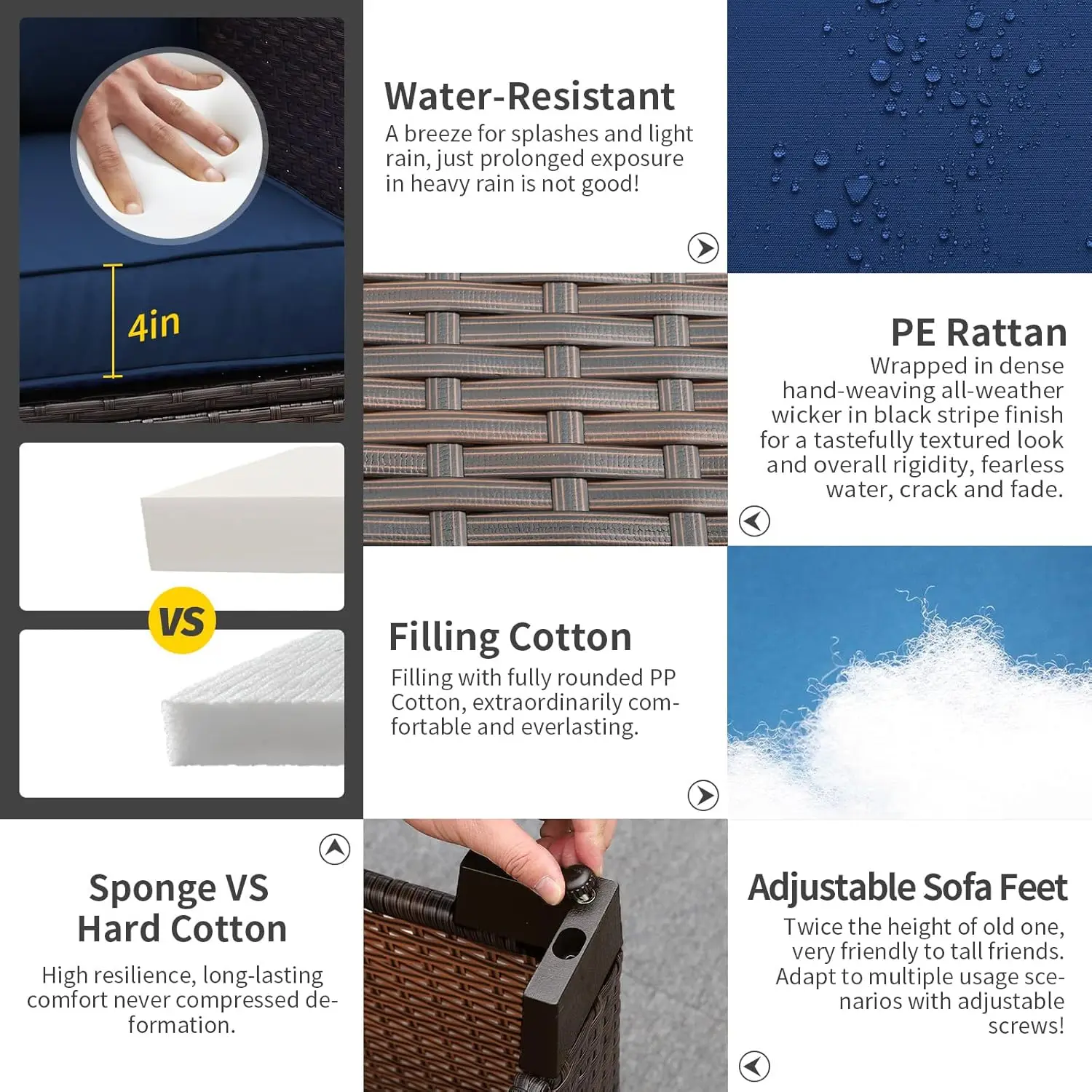 3-Seat Patio Wicker Sofa, Outdoor Rattan Couch Furniture Steel Frame