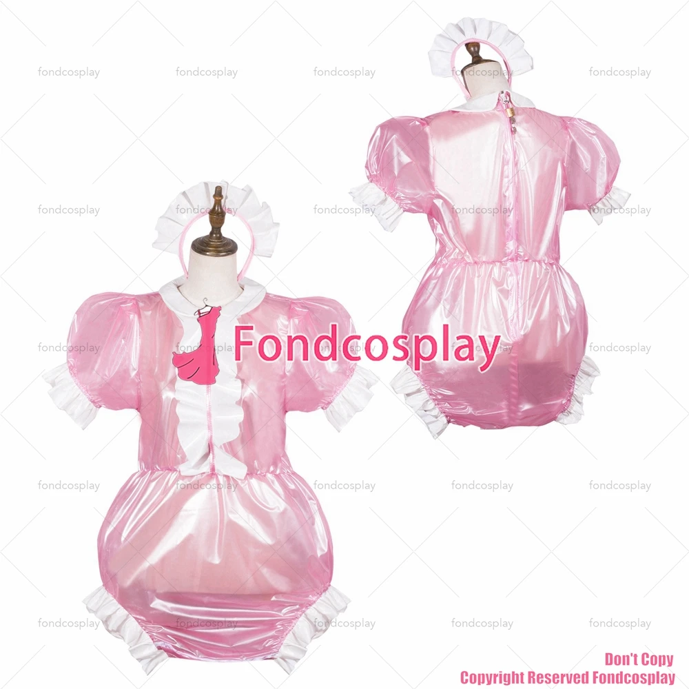 fondcosplay adult cross dressing sissy maid baby pink clear pvc jumpsuits rompers lockable Peter Pan collar CD/TV[G3781]