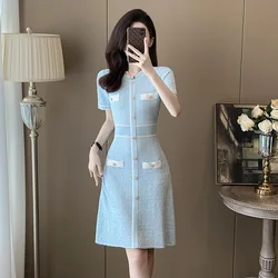 New Summer Women's Short Sleeve Dress Fashion Casual Light Blue A-line Skirt