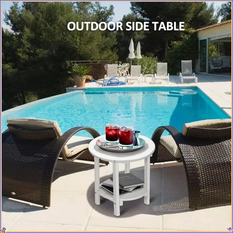 2-Tier Round Outdoor Side Table - Weather Resistant End Table for Porch, Patio & Poolside Furniture Arrangements