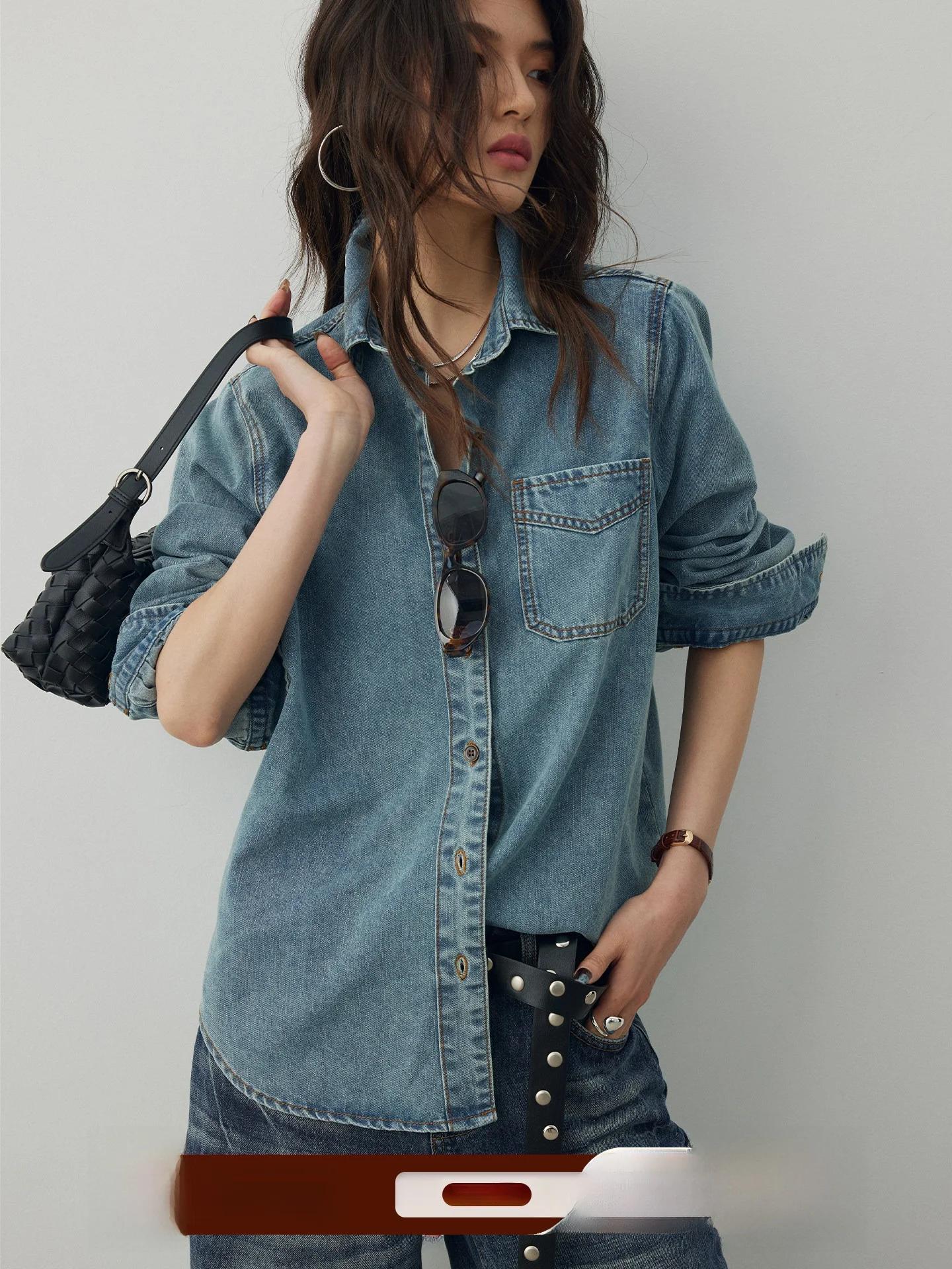 

KEARA Vintage Blue Washed Denim Shirt Women's Casual Long Sleeve Top Spring Commute Comfortable Breathable Cotton Shirt