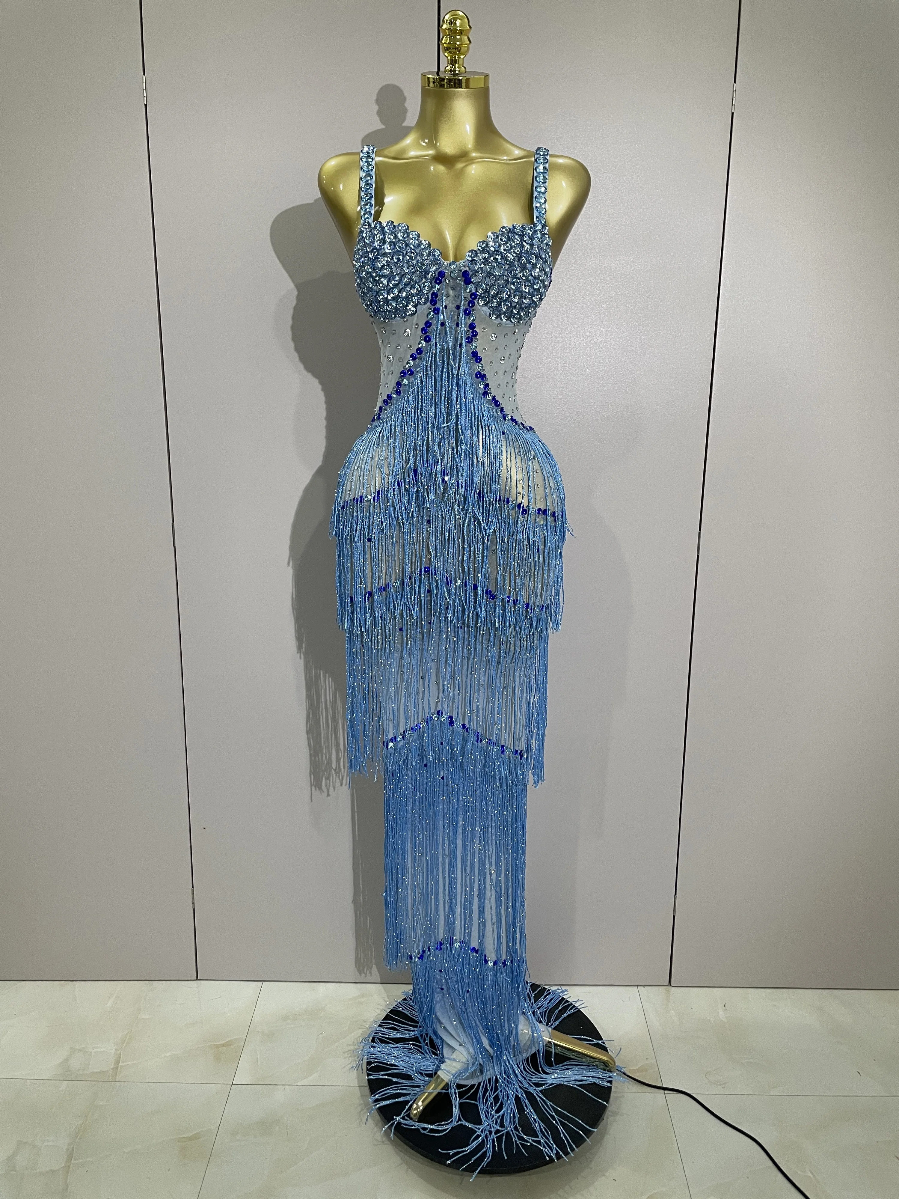 

2025 Sparkly Rhinestones Tassel sexy Mesh Slip Long Dress Women Celebrate Evening Prom Birthday paty Dress Photoshoot Stage Wear