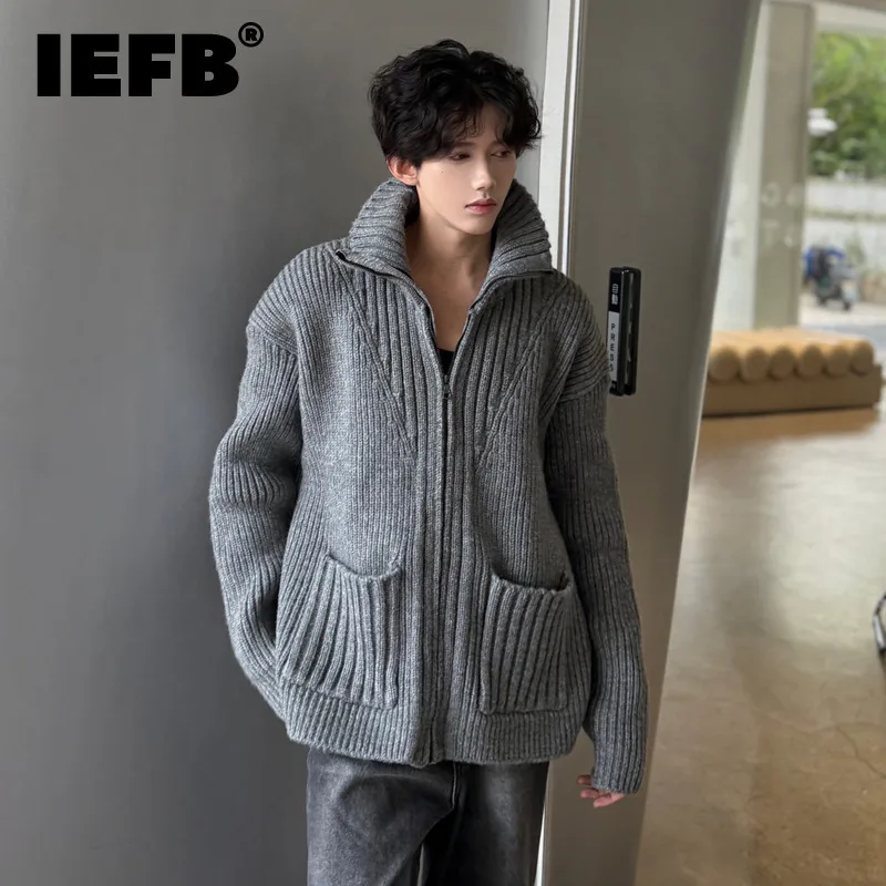 IEFB Turtleneck Knitting Men's Cardigan Knitting Pocket Zipper Solid Color Long Sleeve Male Sweater Striped 2024 Winter 9C8756