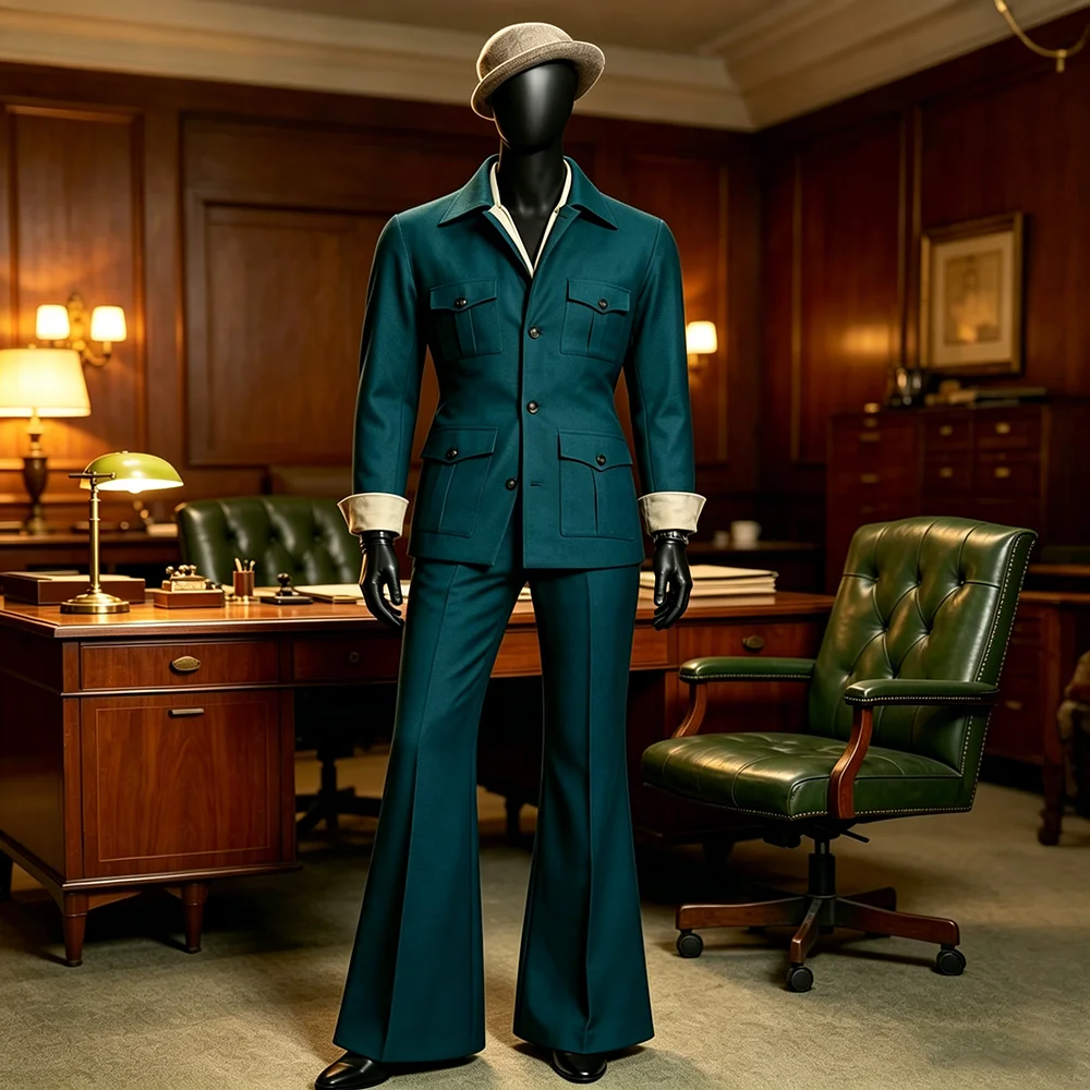 

Men's Peacock Blue Safari Suit Multi-Pocket Jacket+Pants Vintage Casual 2 Piece Set Wedding Groom Attire Prom Costume Homme