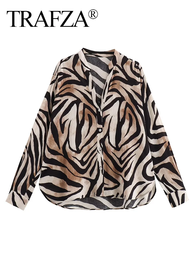 TRAFZA Moda damska 2-częściowy zestaw Animal Print Lapel Long Sleeve Shirt+New Chic Elegant Tie Pocket Pleated Casual Pants Mujer