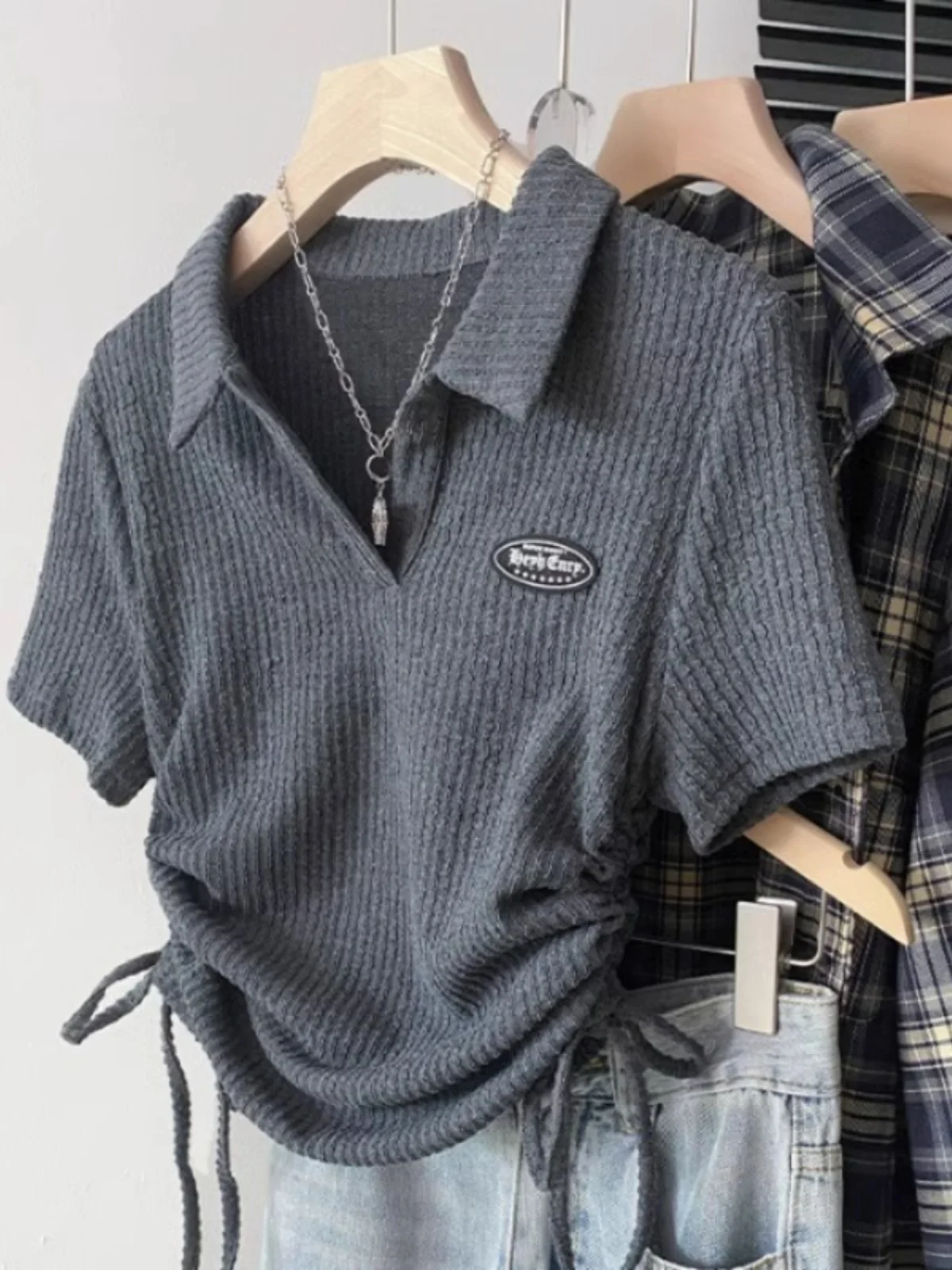 American Style  Collar Short Sleeve T-Shirt Women Summer New Drawstring Pleated Texture Sensation Belted Short Top