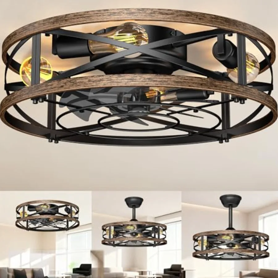 

Caged Ceiling Fan with Lights, 20in Low Profile Ceiling Fan, Small Rustic Industrial Farmhouse Ceiling Fans with Lights, Revers