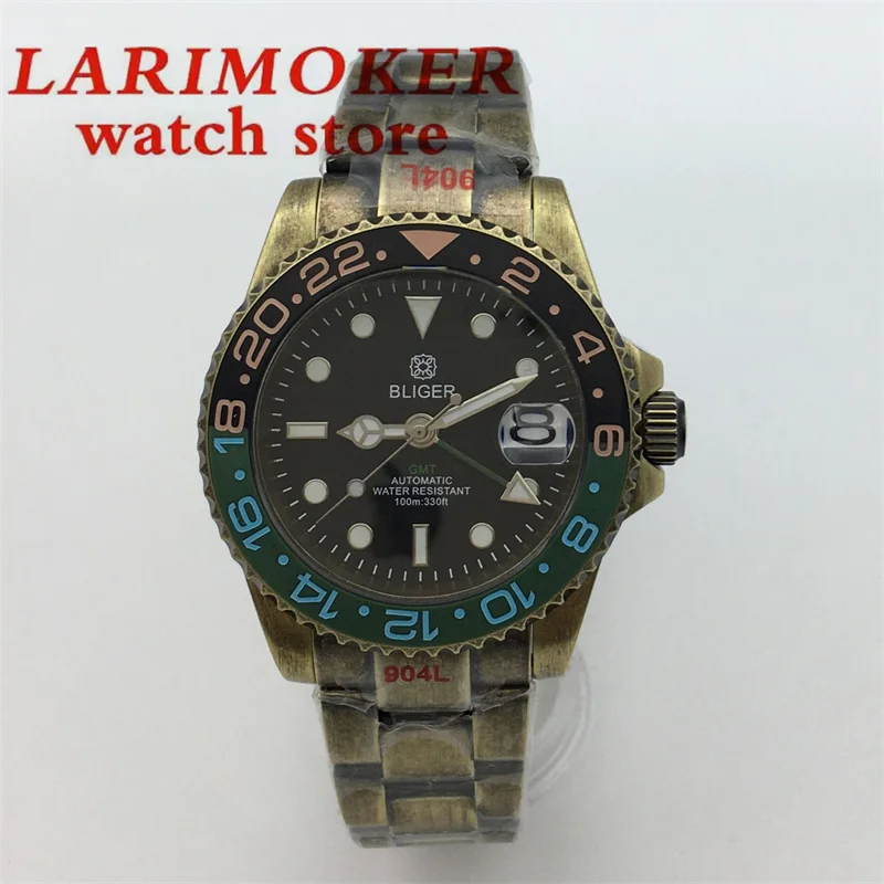 Jam tangan pria 40mm jam tangan otomatis menyelam NH34 huruf GMT perunggu gelang tiram keramik bezel bercahaya