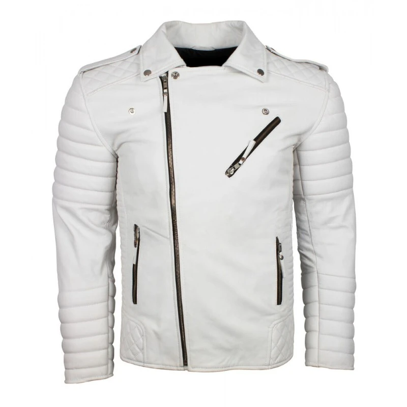 Herren-Jacke aus echtem Lammfell, echtes Leder, weiß, modern, stilvoll, gesteppt, Biker-Mantel