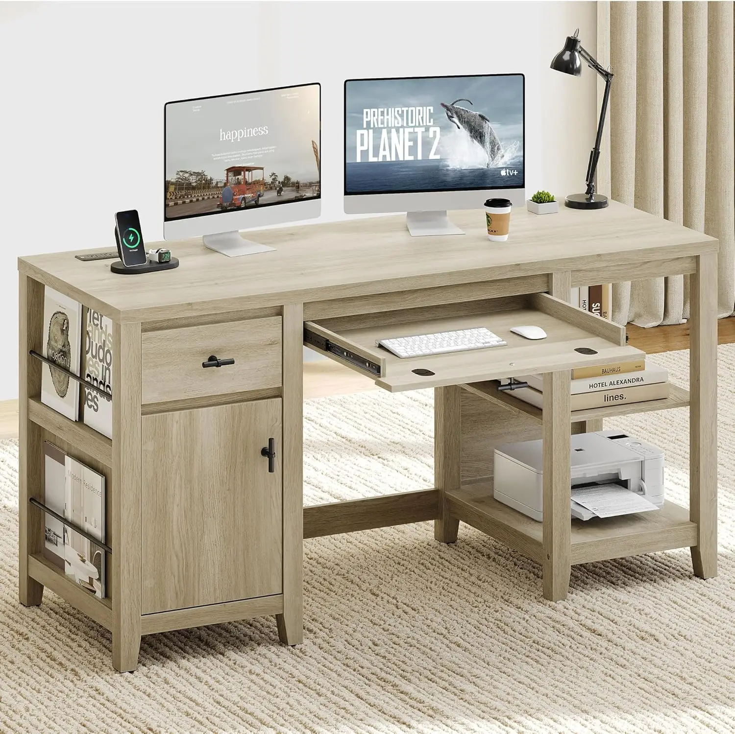 

58" Executive Desk with Drawers and Charge Station, Farmhouse Wooden Home Office Desk with 3 Magazine Rack, Storage Cabi