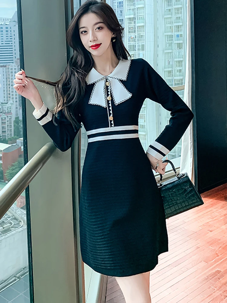 

Women Black Knitted Woolen Top Sweaters Autumn Winter Chic Bow Polo Collar Pullovers 2023 Korean Elegant Bodycon Casaul Sweaters