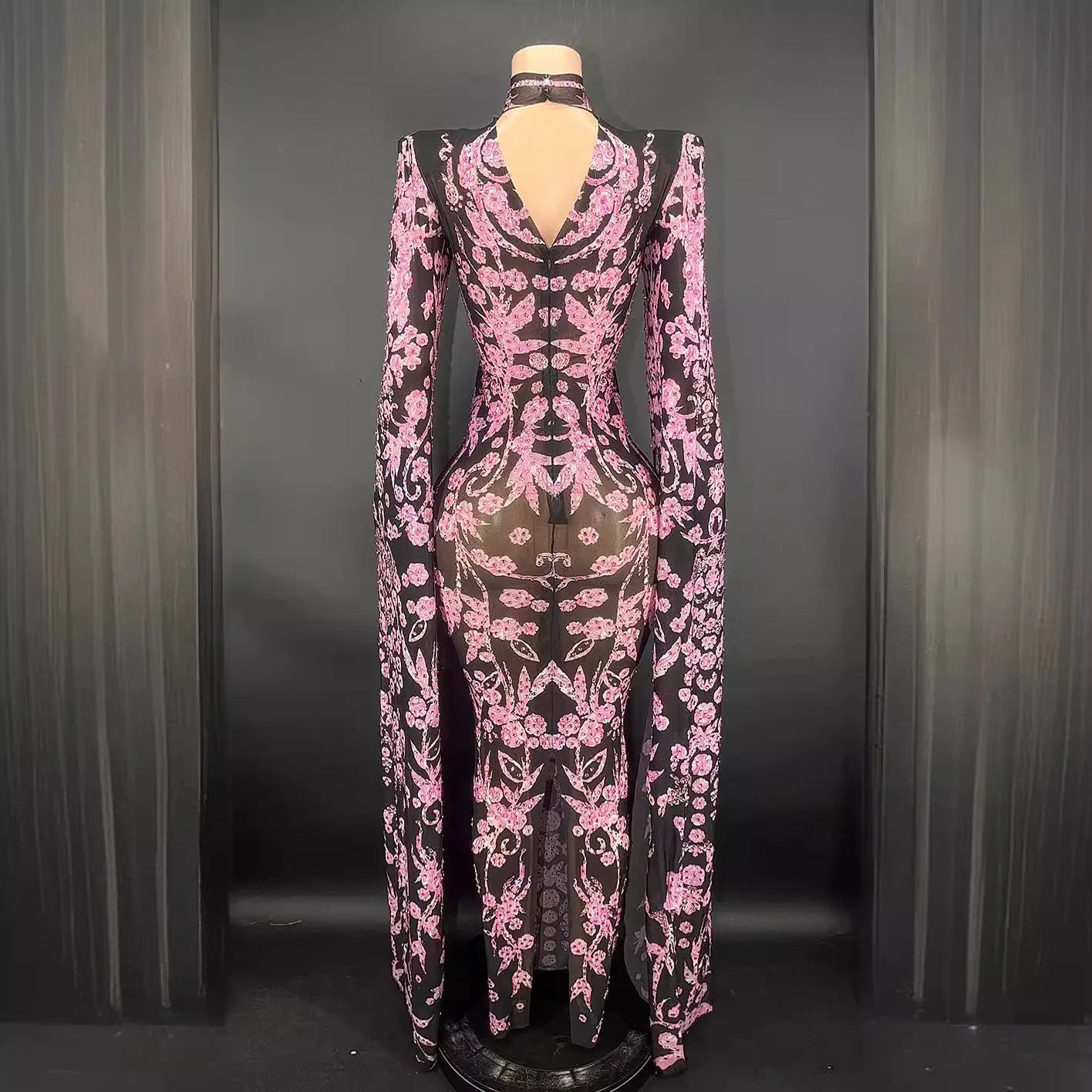 فستان أنيق برقبة عالية وحجر الراين الوردي وأكمام طويلة شبكي أسود من Vestidos Fiesta De Lujo Vestidos Largos رداء Soirée Femme Mariage