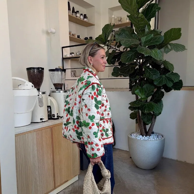 

Женская модная стеганая хлопковая куртка с принтом и лацканами, однобортное пальто с длинными рукавами и карманами, осень-зима, повседневный повседневный топ