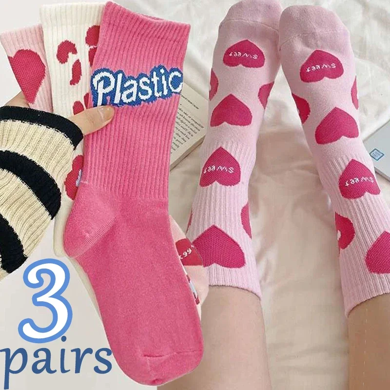 

3/1pairs Pink Love Korean Socks Girls Sweet Heart Strawberry Letters Y2K Casual Cotton Middle Tube Stocking Cotton Crew Sock