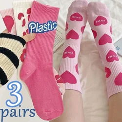3/1pairs Pink Love Korean Socks Girls Sweet Heart Strawberry Letters Y2K Casual Cotton Middle Tube Stocking Cotton Crew Sock
