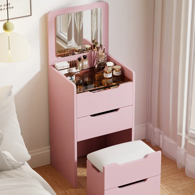 Cómoda moderna y sencilla de estilo crema, pequeño apartamento, dormitorio, gabinete de almacenamiento para el hogar, se puede voltear con taburete, mesa de maquillaje integrada