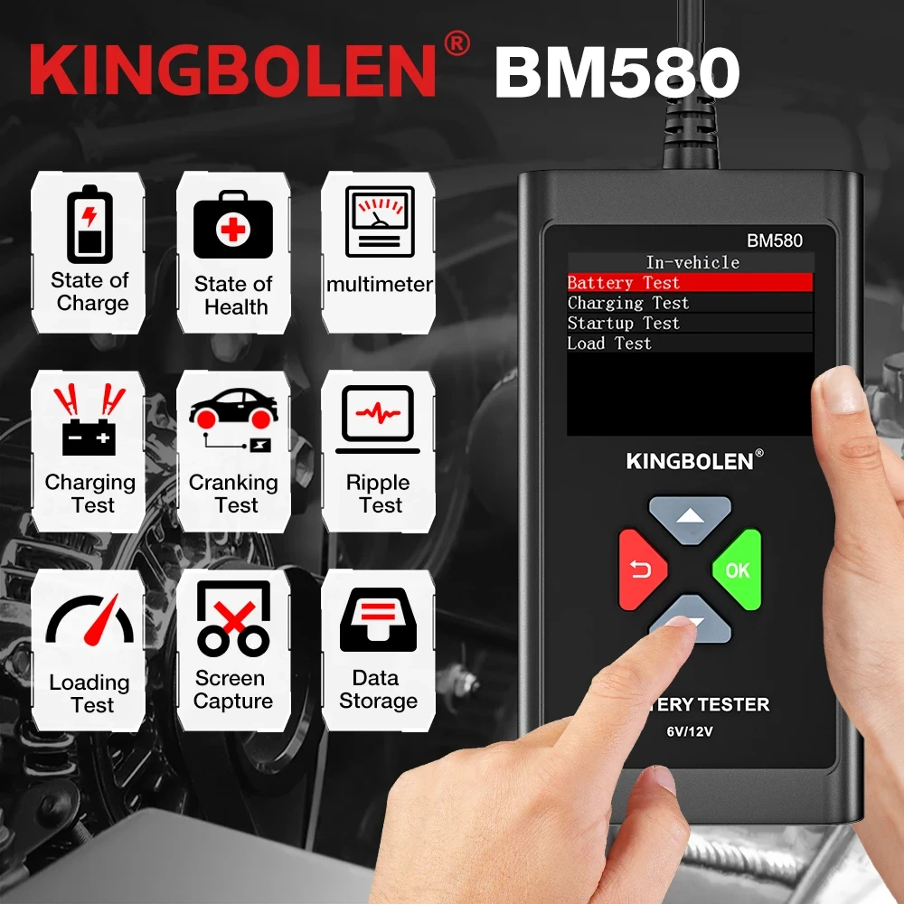 KINGBOLEN BM580 Tester per batterie per auto 6V 12V strumenti per Test automobilistici esame per la salute dell\'auto voltmetro con Clip di accesso